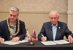 Visa Country Manager Herr Patrick Storey und GVB-Präsident und CEO Herr Carl TC Gutierrez unterzeichneten am 13. März 2024 in Tumon, Guam, eine Absichtserklärung. Foto mit freundlicher Genehmigung des Marianas Business Journal. – Bild mit freundlicher Genehmigung von GVB
